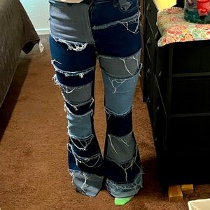 Patch work high rise bell bottom jeans